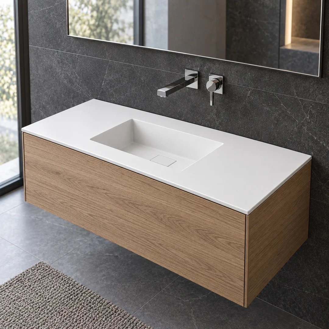 Lavabo consolle in Tekno – Arbi Juno 121 – Bianco – Senza foro rubinetto - Ambientata