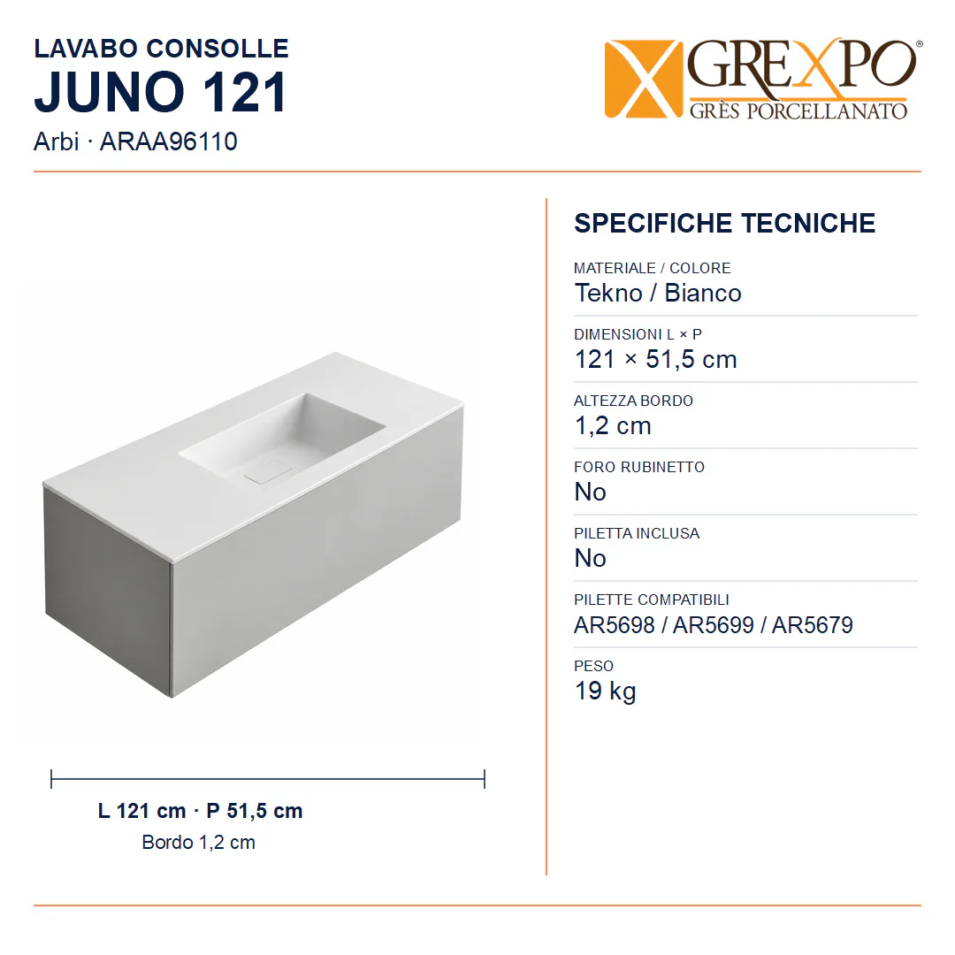 Lavabo consolle in Tekno – Arbi Juno 121 – Bianco – Senza foro rubinetto - Misure