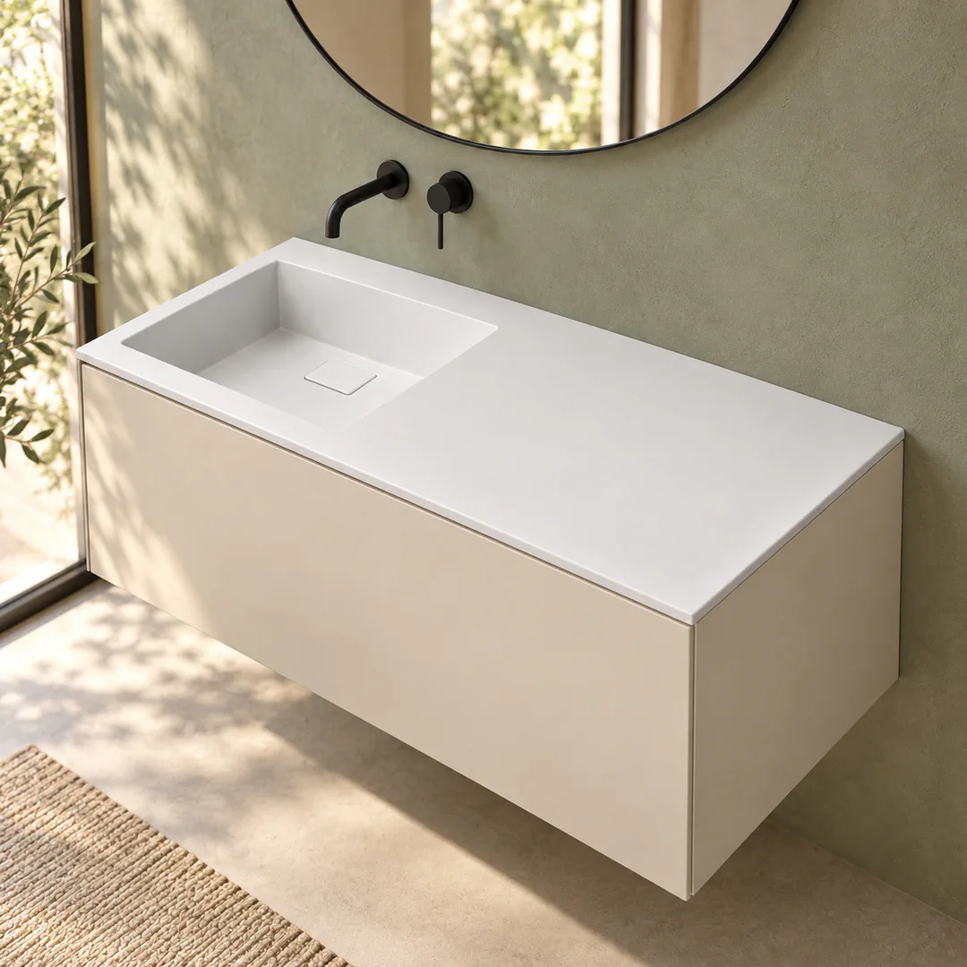 Lavabo consolle in Tekno – Arbi Juno 121 SX – Bianco – Senza foro rubinetto - Ambientata