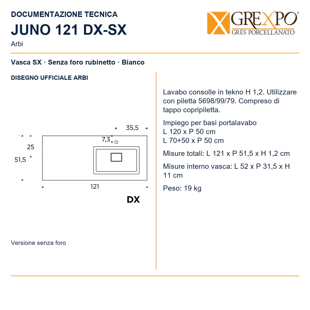 Lavabo consolle in Tekno – Arbi Juno 121 SX – Bianco – Senza foro rubinetto - Disegno tecnico ARBI
