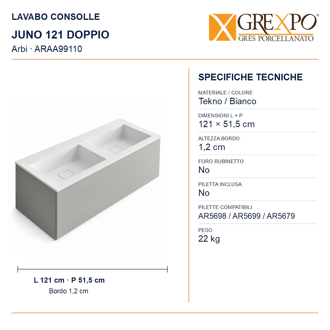 Lavabo consolle in Tekno – Arbi Juno 121 Doppio – Bianco – Senza foro rubinetto - Misure