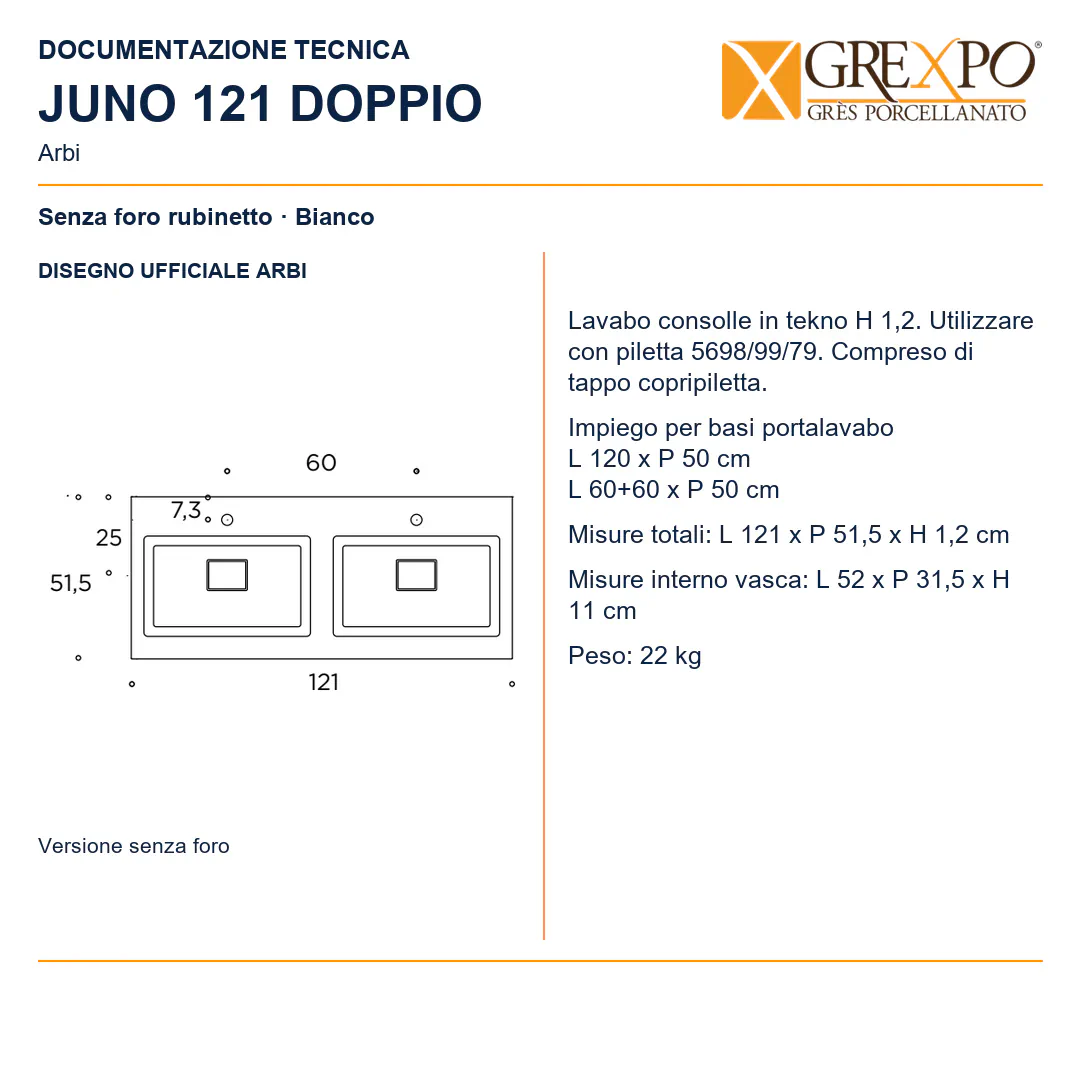 Lavabo consolle in Tekno – Arbi Juno 121 Doppio – Bianco – Senza foro rubinetto - Disegno tecnico ARBI
