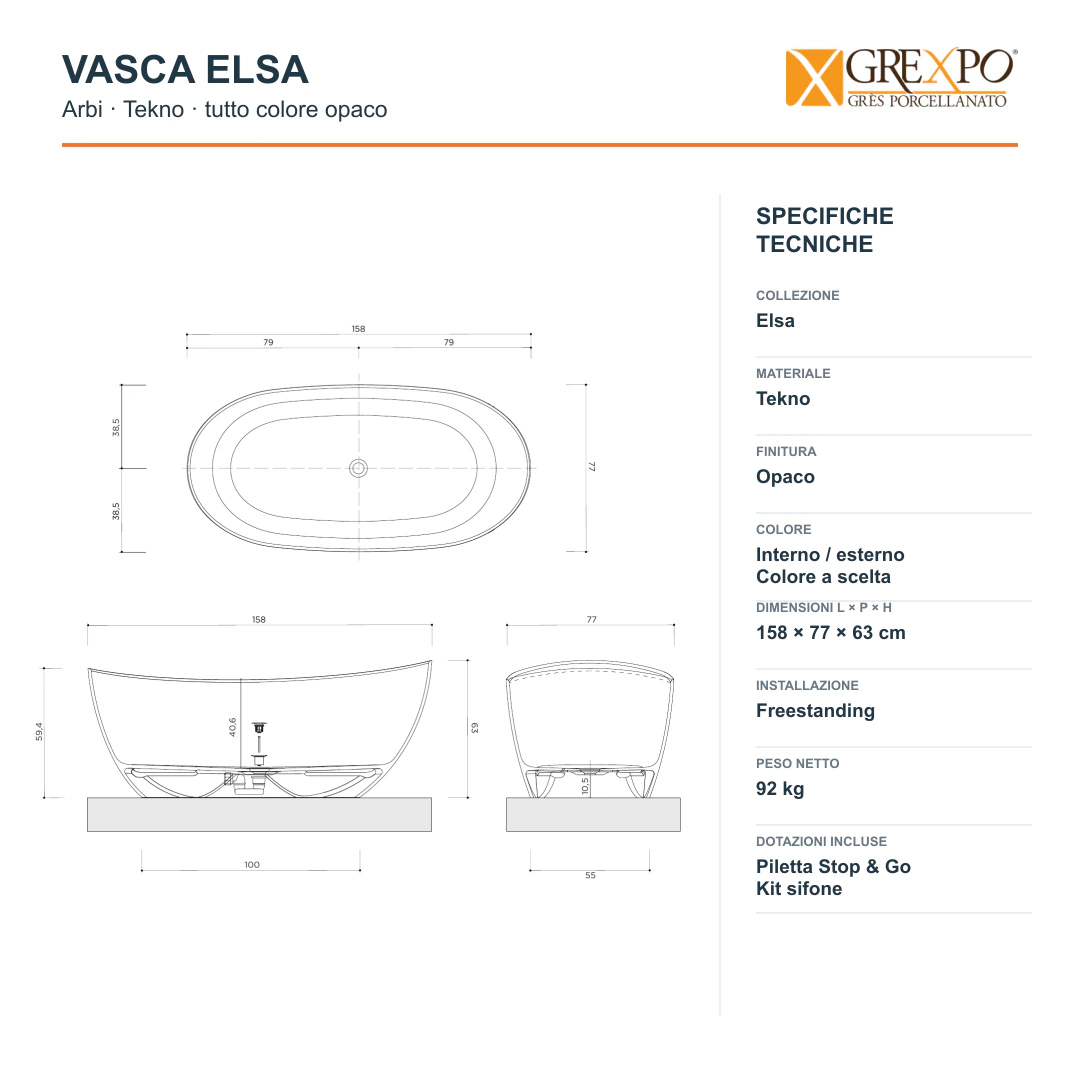 Vasca freestanding Arbi Elsa 158 × 77 cm in Tekno tutto colore opaco
