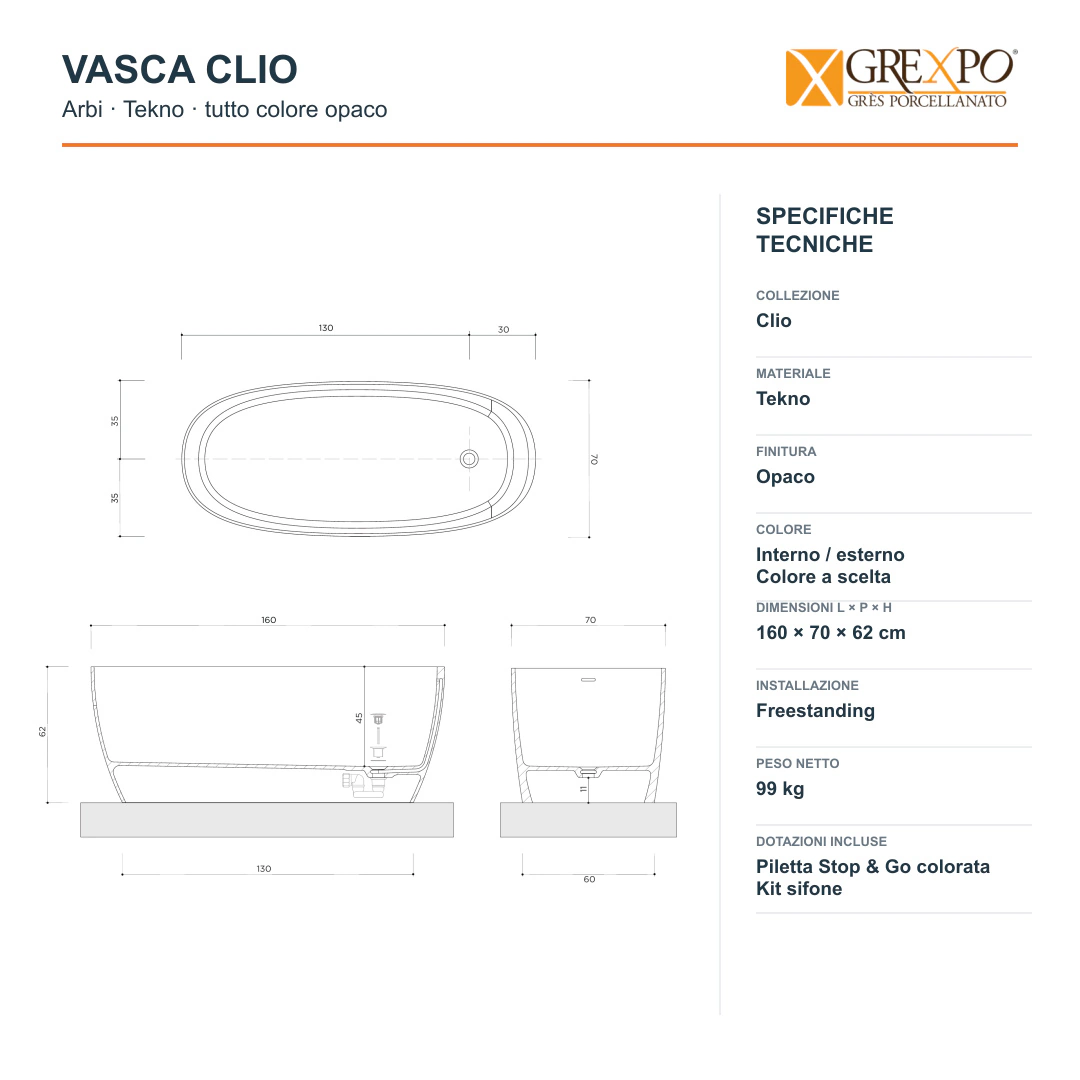 Vasca freestanding Arbi Clio 160 × 70 cm in Tekno tutto colore opaco