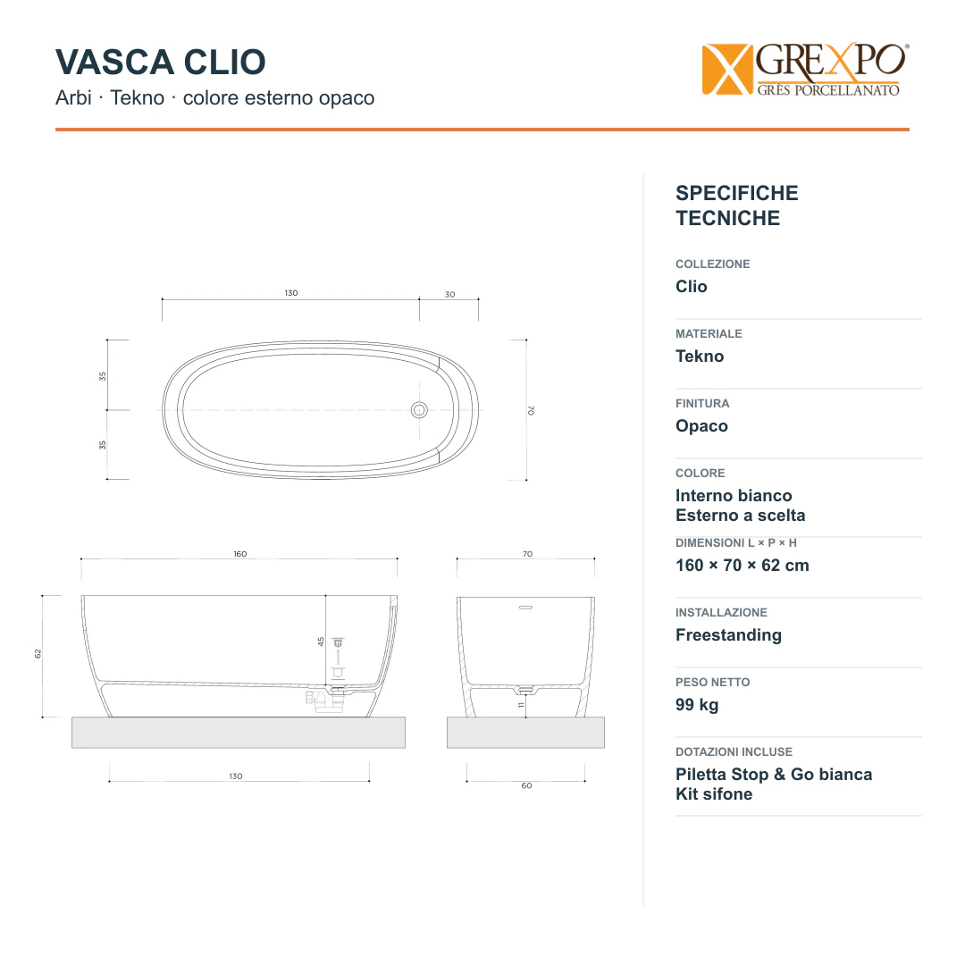 Vasca freestanding Arbi Clio 160 × 70 cm in Tekno colore esterno opaco, interno bianco