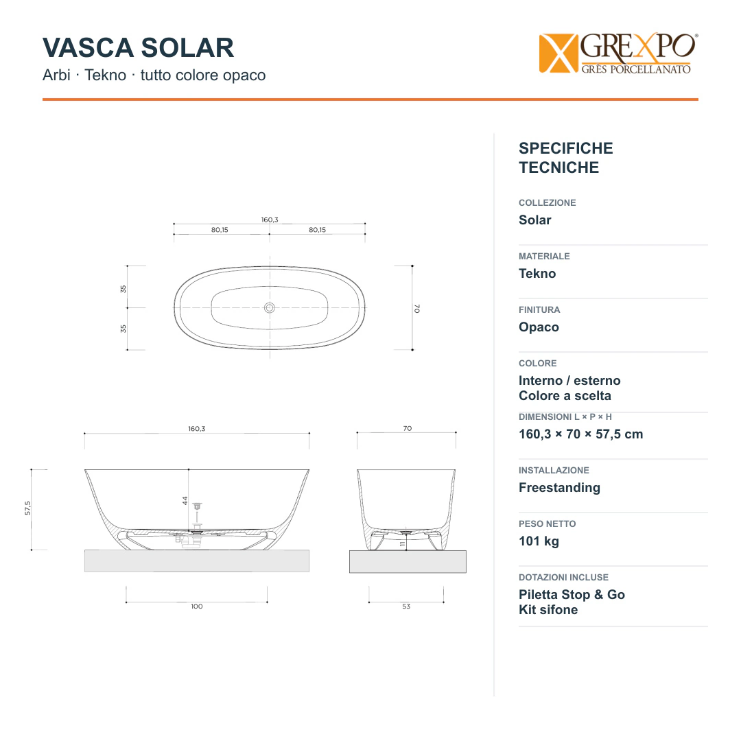 Vasca freestanding Arbi Solar 160,3 × 70 cm in Tekno tutto colore opaco