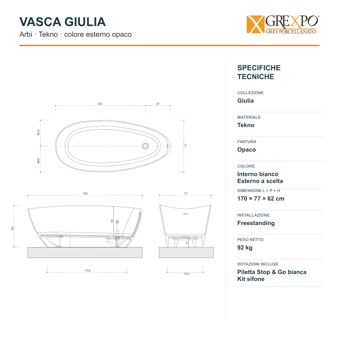 Vasca freestanding Arbi Giulia 170 × 77 cm in Tekno colore esterno opaco, interno bianco