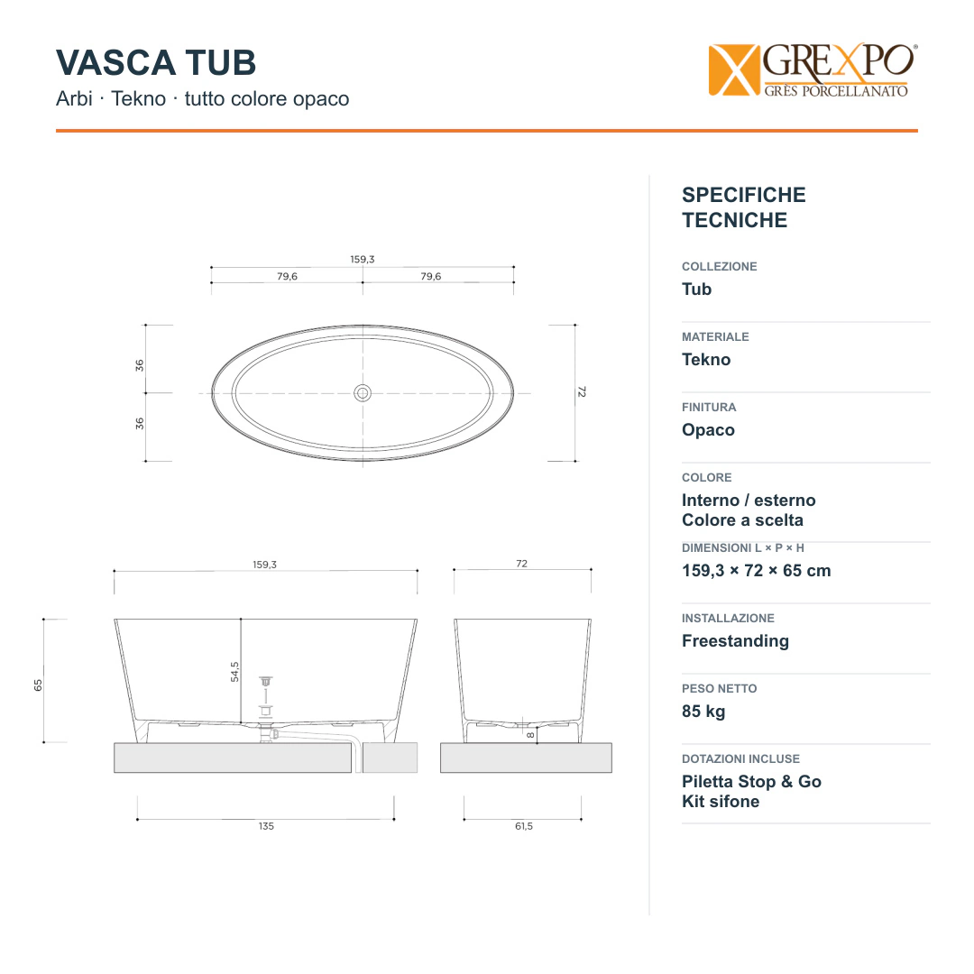 Vasca freestanding Arbi Tub 159,3 × 72 cm in Tekno tutto colore opaco