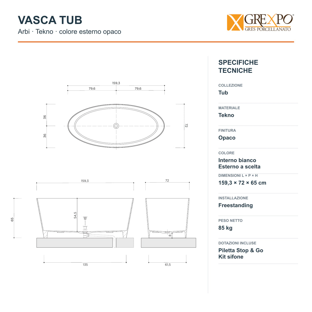 Vasca freestanding Arbi Tub 159,3 × 72 cm in Tekno colore esterno opaco, interno bianco