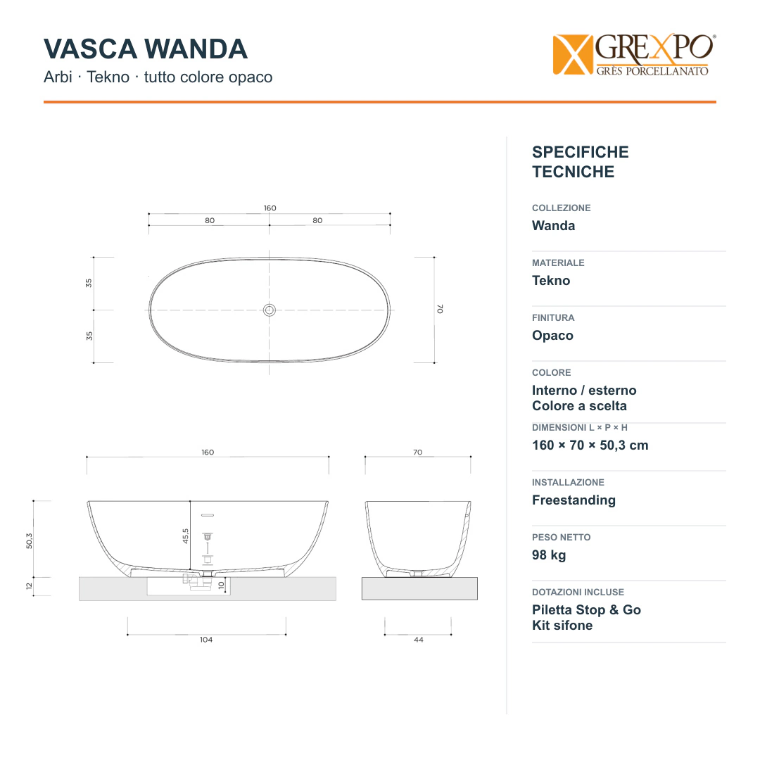 Vasca freestanding Arbi Wanda 160 × 70 cm in Tekno tutto colore opaco