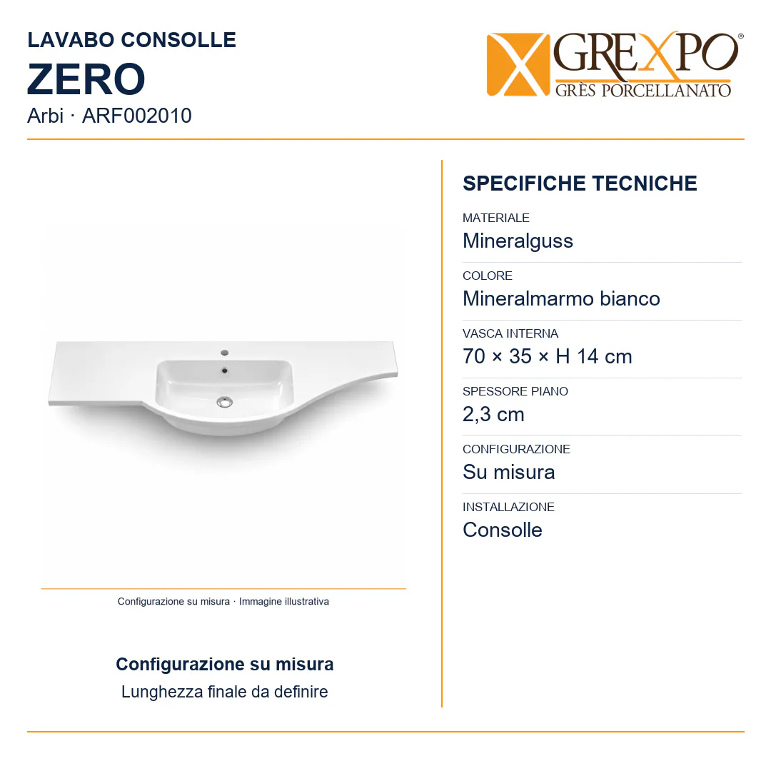 Piano top lavabo su misura in Mineralguss – Arbi Zero DX/SX – Mineralmarmo Bianco - Misure