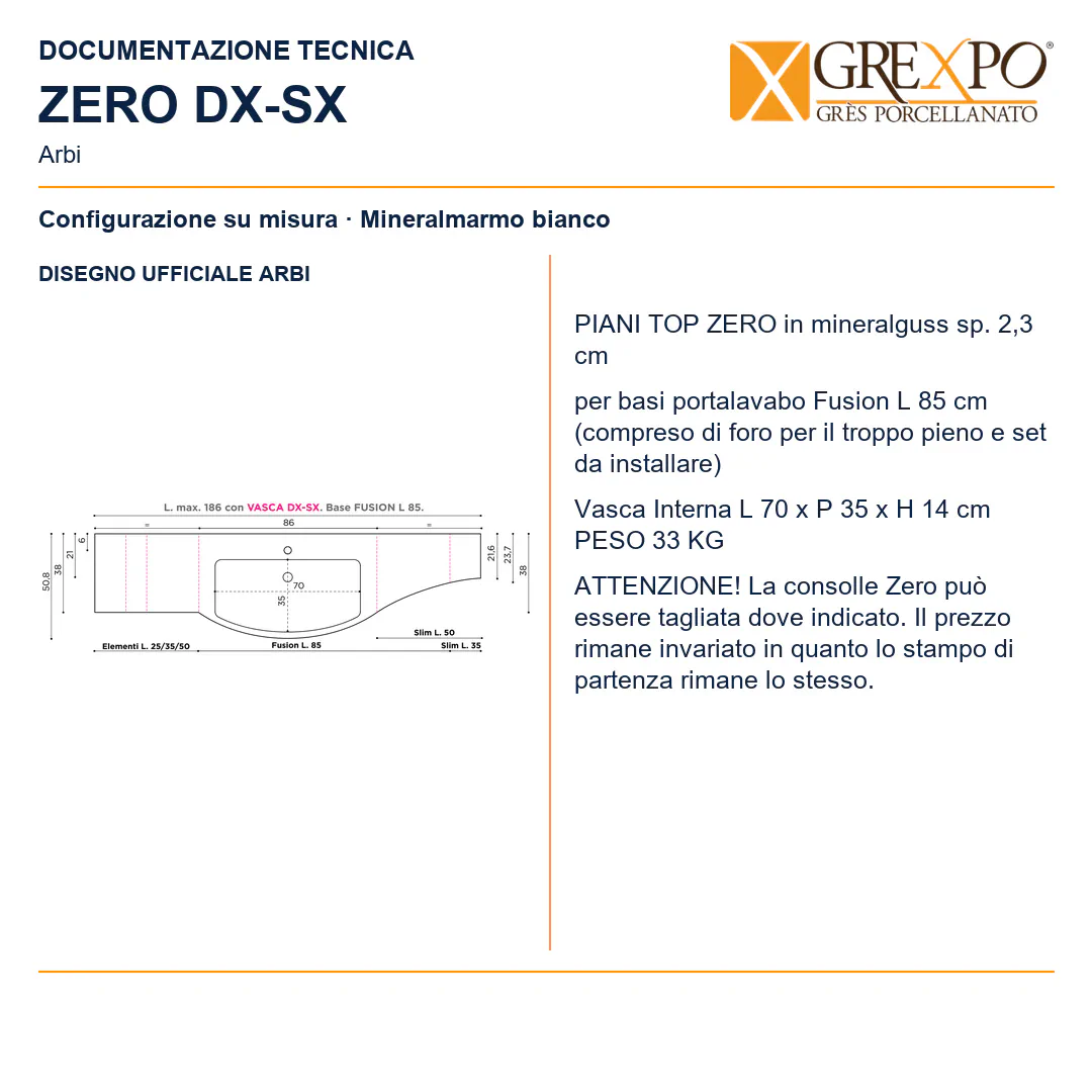 Piano top lavabo su misura in Mineralguss – Arbi Zero DX/SX – Mineralmarmo Bianco - Disegno tecnico ARBI