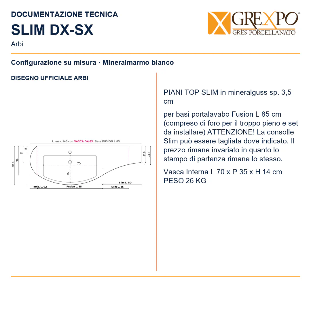 Piano top lavabo su misura in Mineralguss – Arbi Slim DX – Mineralmarmo Bianco - Disegno tecnico ARBI