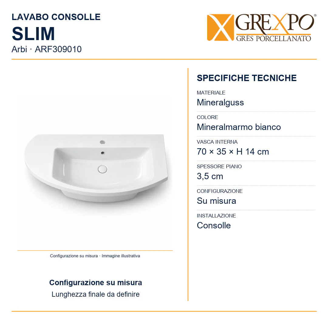 Piano top lavabo su misura in Mineralguss – Arbi Slim DX – Mineralmarmo Bianco - Misure