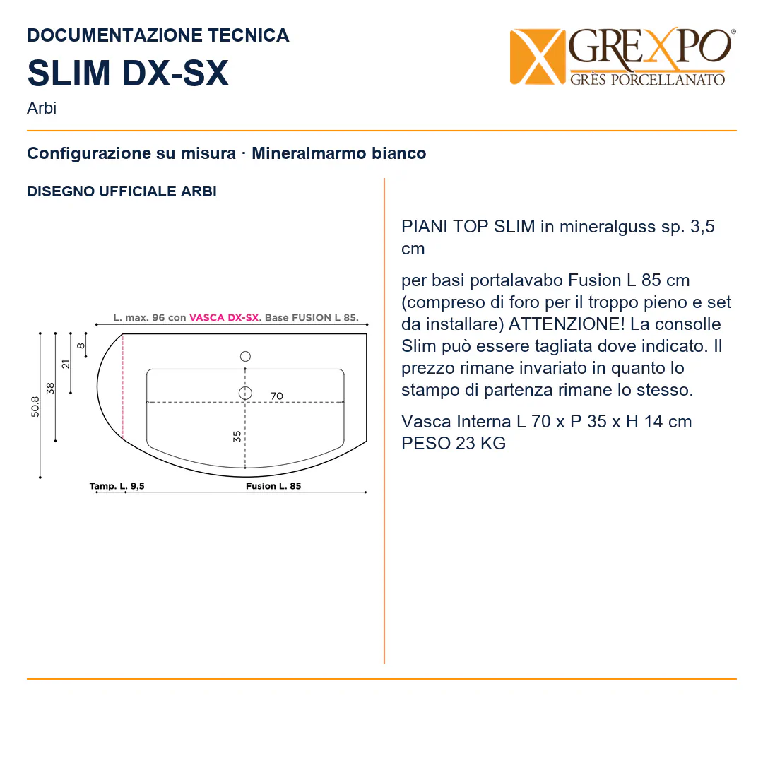 Piano top lavabo su misura in Mineralguss – Arbi Slim DX – Mineralmarmo Bianco - Disegno tecnico ARBI