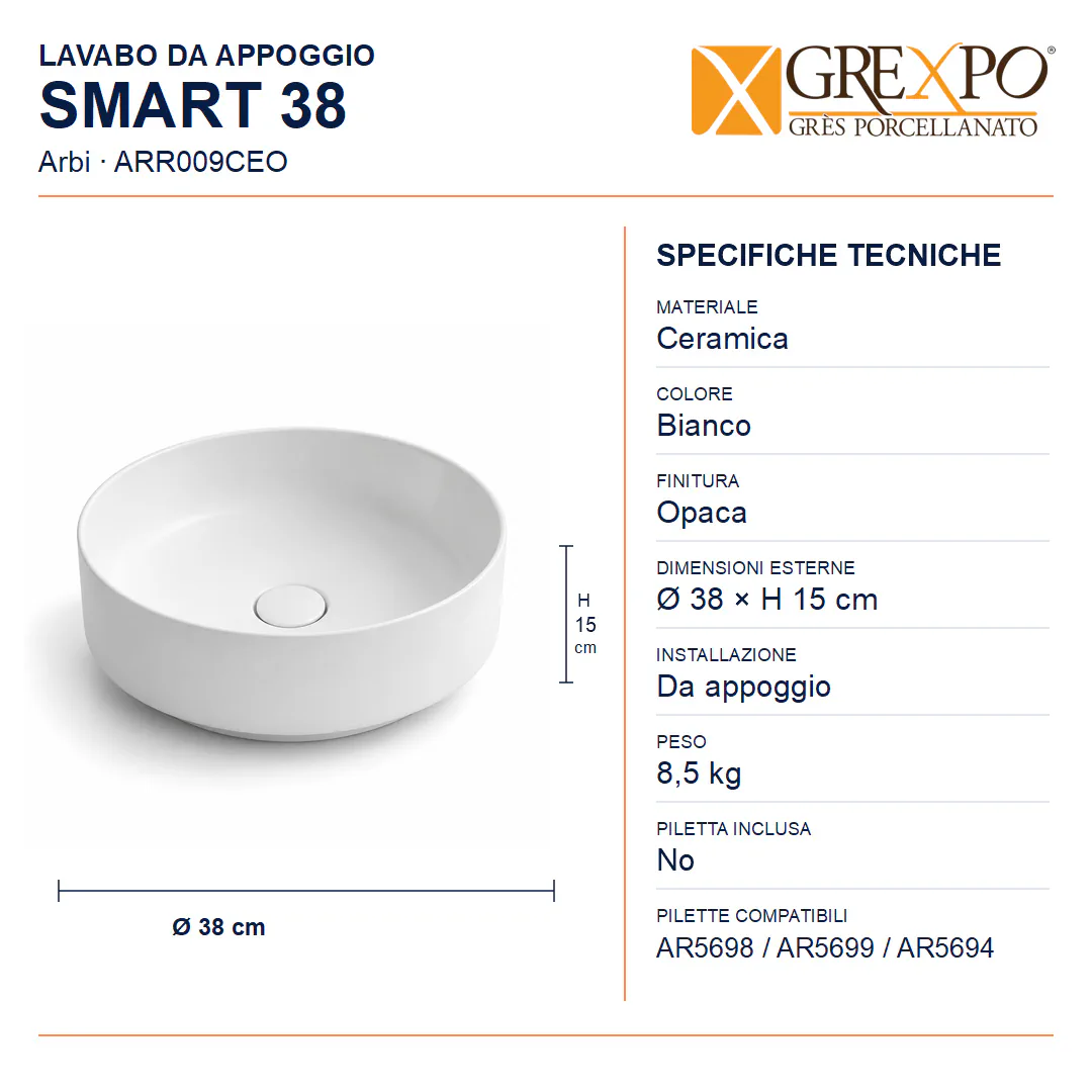 Lavabo da appoggio in Ceramica – Arbi Smart 38 – Bianco opaco - Misure