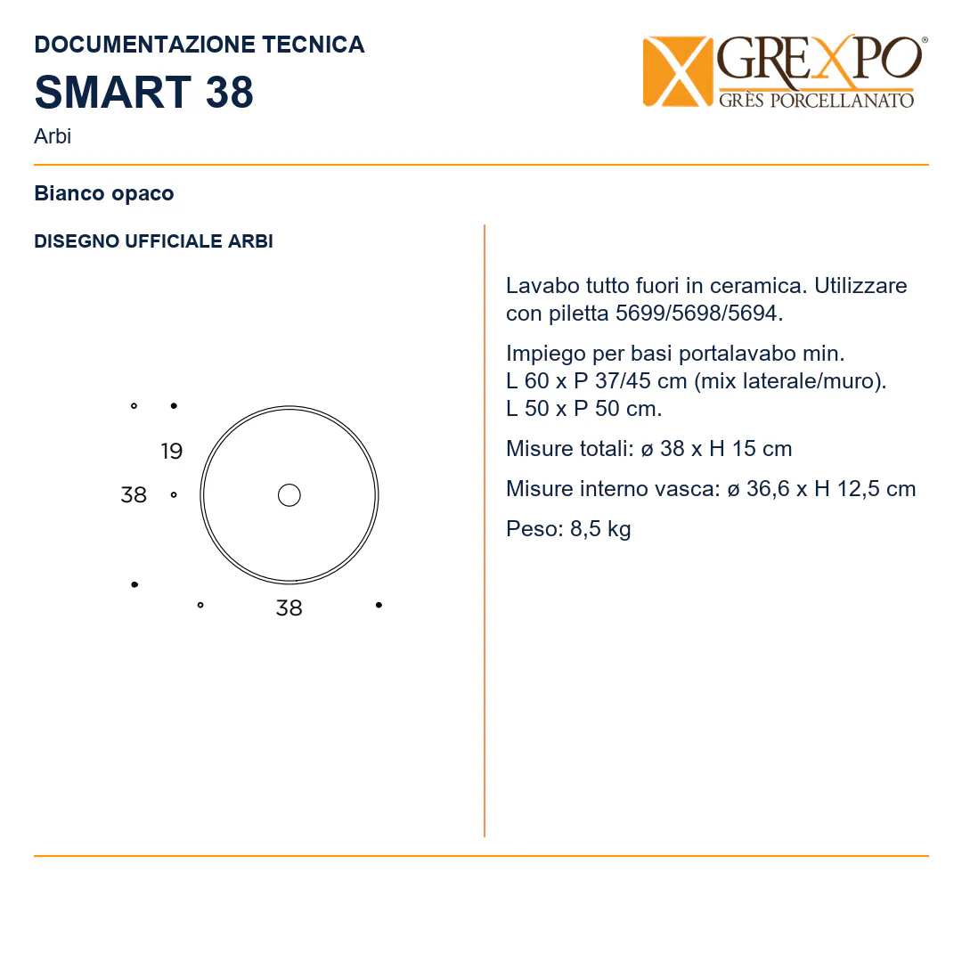 Lavabo da appoggio in Ceramica – Arbi Smart 38 – Bianco opaco - Disegno tecnico ARBI