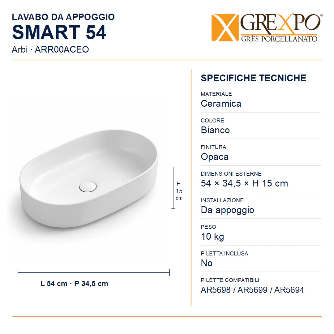 Lavabo da appoggio in Ceramica – Arbi Smart 54 – Bianco opaco - Misure