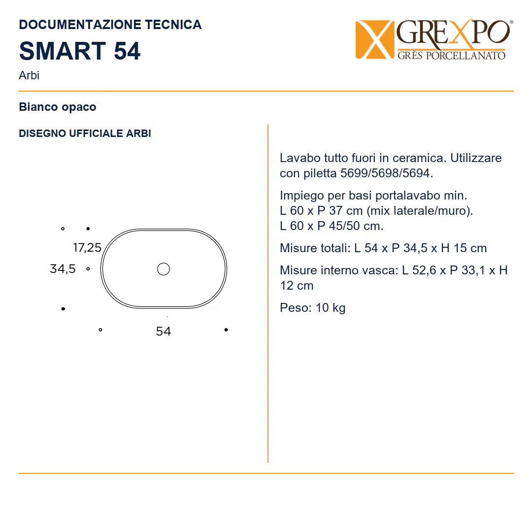 Lavabo da appoggio in Ceramica – Arbi Smart 54 – Bianco opaco - Disegno tecnico ARBI