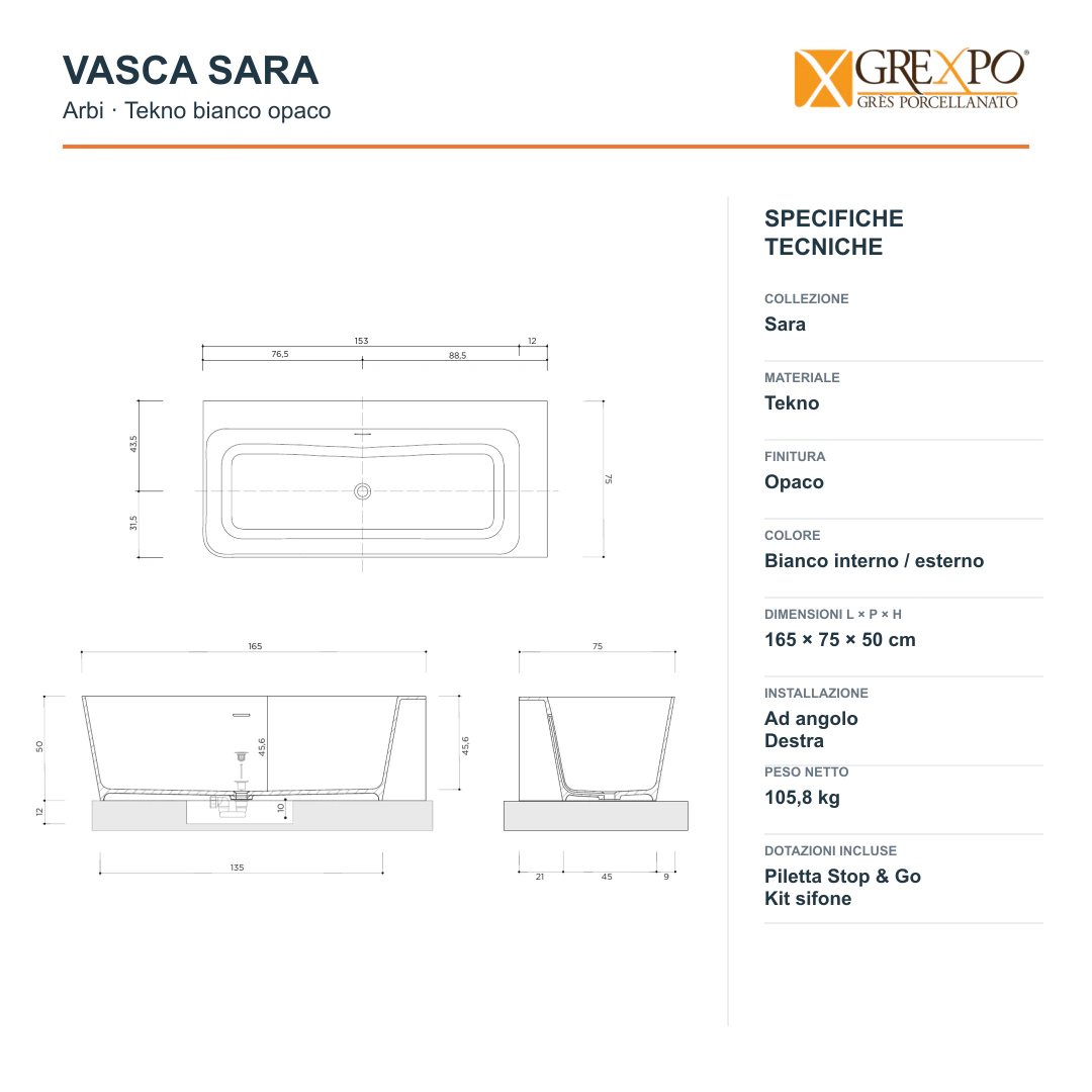 Vasca angolare destra Arbi Sara 165 × 75 cm in Tekno bianco opaco