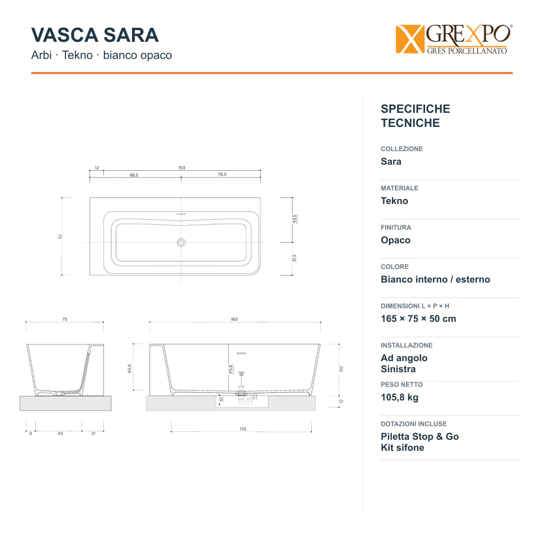 Vasca angolare sinistra Arbi Sara 165 × 75 cm in Tekno bianco opaco