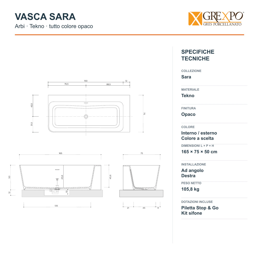 Vasca angolare destra Arbi Sara 165 × 75 cm in Tekno tutto colore opaco