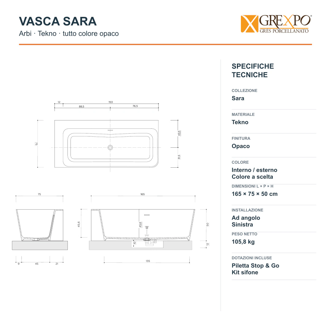 Vasca angolare sinistra Arbi Sara 165 × 75 cm in Tekno tutto colore opaco