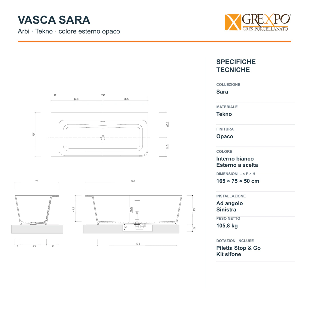 Vasca angolare sinistra Arbi Sara 165 × 75 cm in Tekno colore esterno opaco, interno bianco