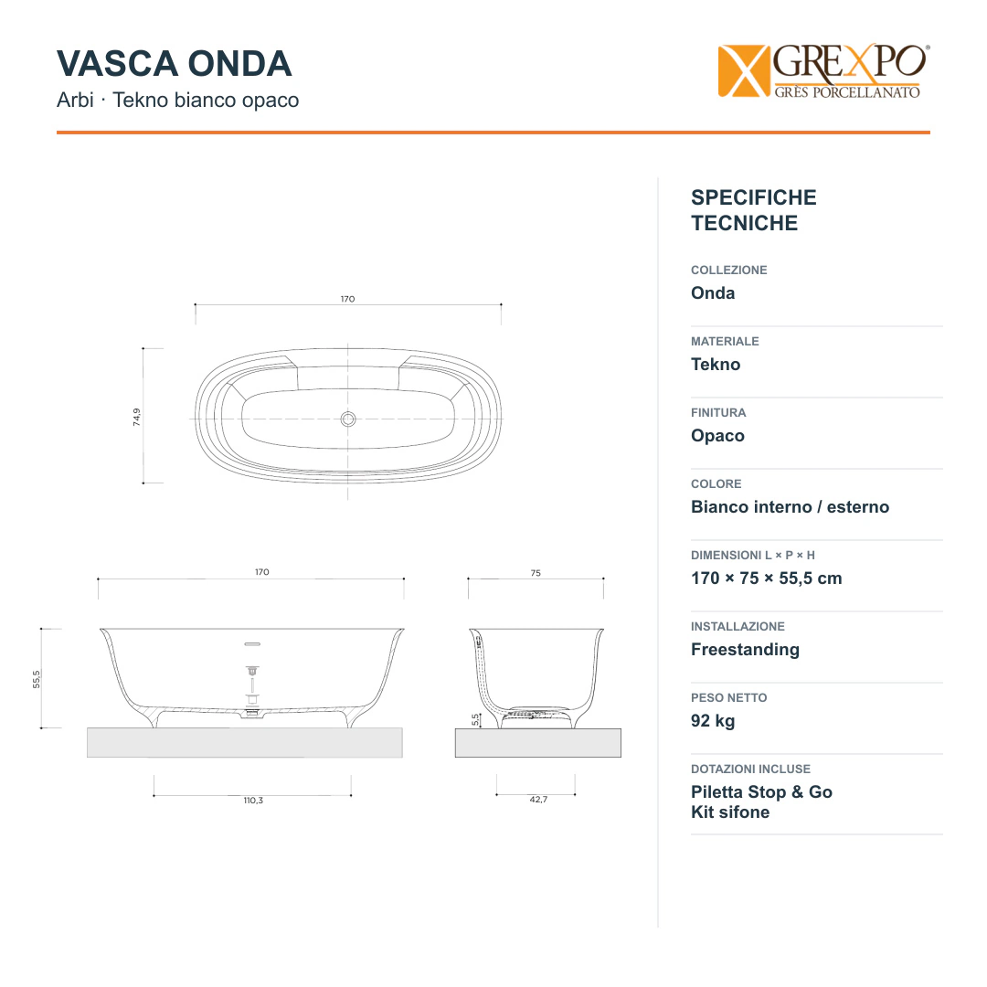 Vasca freestanding Arbi Onda 170 × 75 cm in Tekno bianco opaco