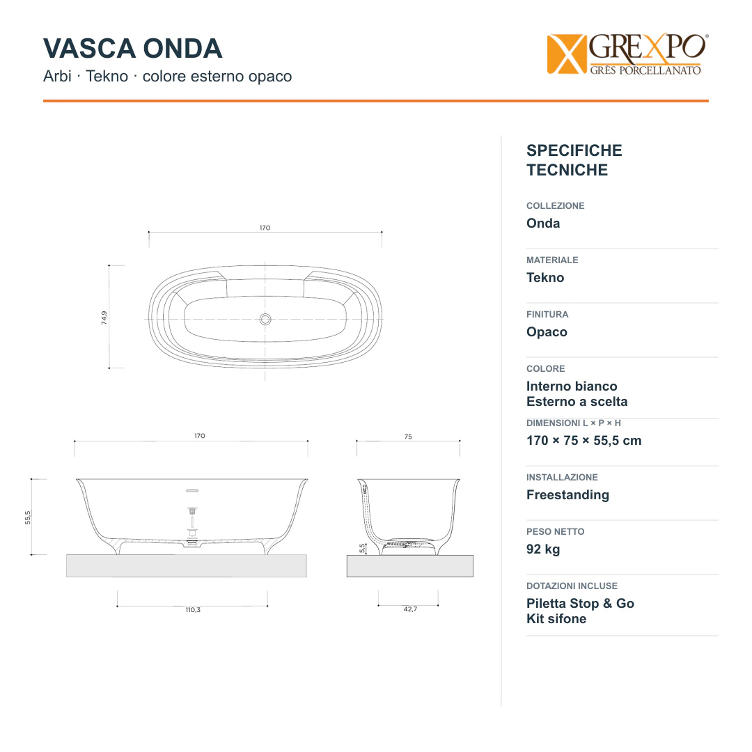 Vasca freestanding Arbi Onda 170 × 75 cm in Tekno colore esterno opaco, interno bianco