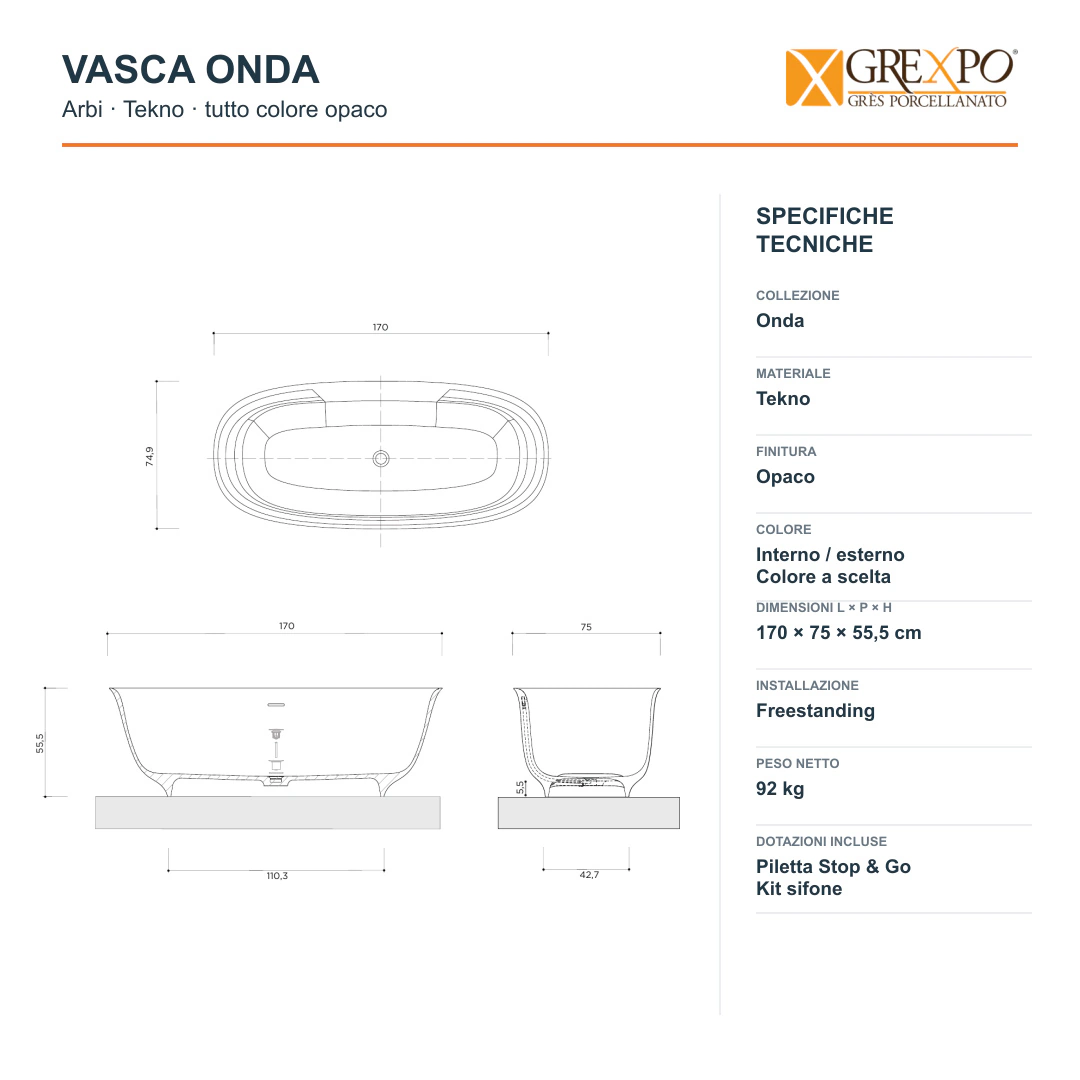 Vasca freestanding Arbi Onda 170 × 75 cm in Tekno tutto colore opaco