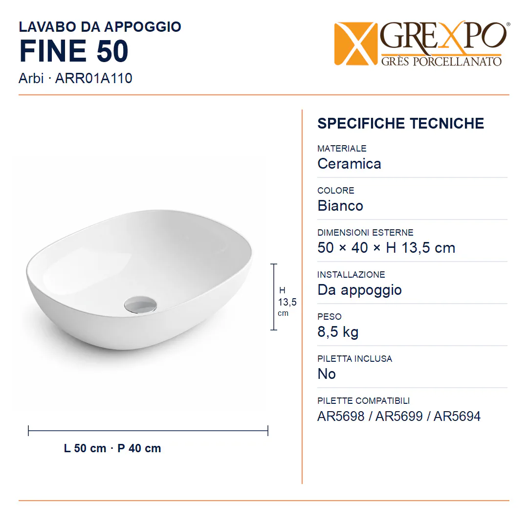 Lavabo da appoggio in Ceramica – Arbi Fine 50 – Bianco - Misure
