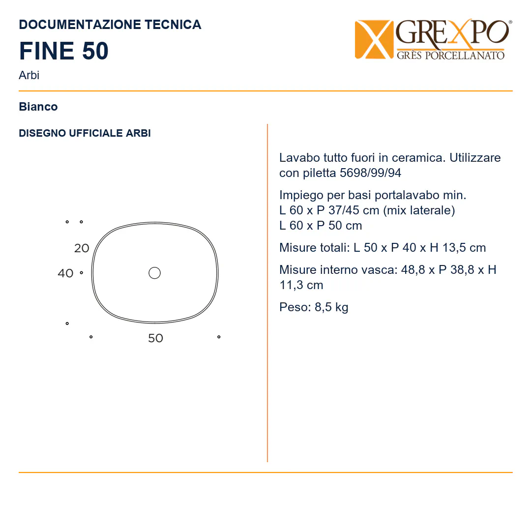 Lavabo da appoggio in Ceramica – Arbi Fine 50 – Bianco - Disegno tecnico ARBI