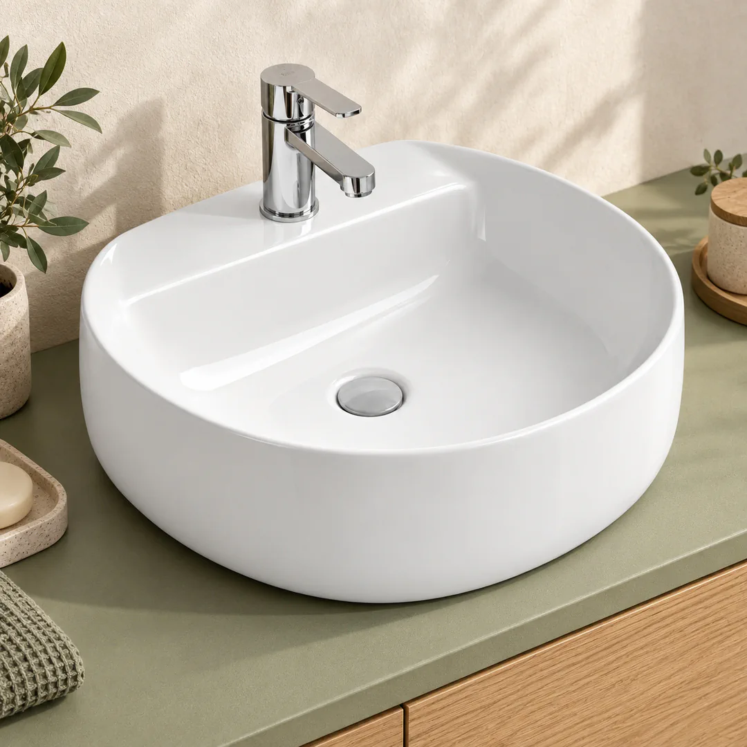 Lavabo da appoggio in Ceramica – Arbi Whisky 45 – Bianco lucido - Ambientata