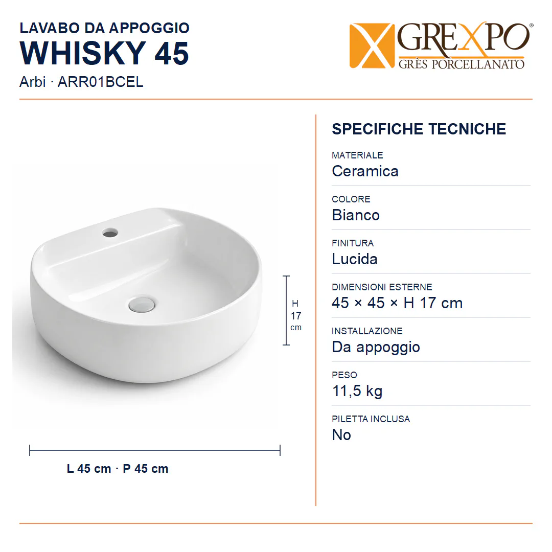 Lavabo da appoggio in Ceramica – Arbi Whisky 45 – Bianco lucido - Misure
