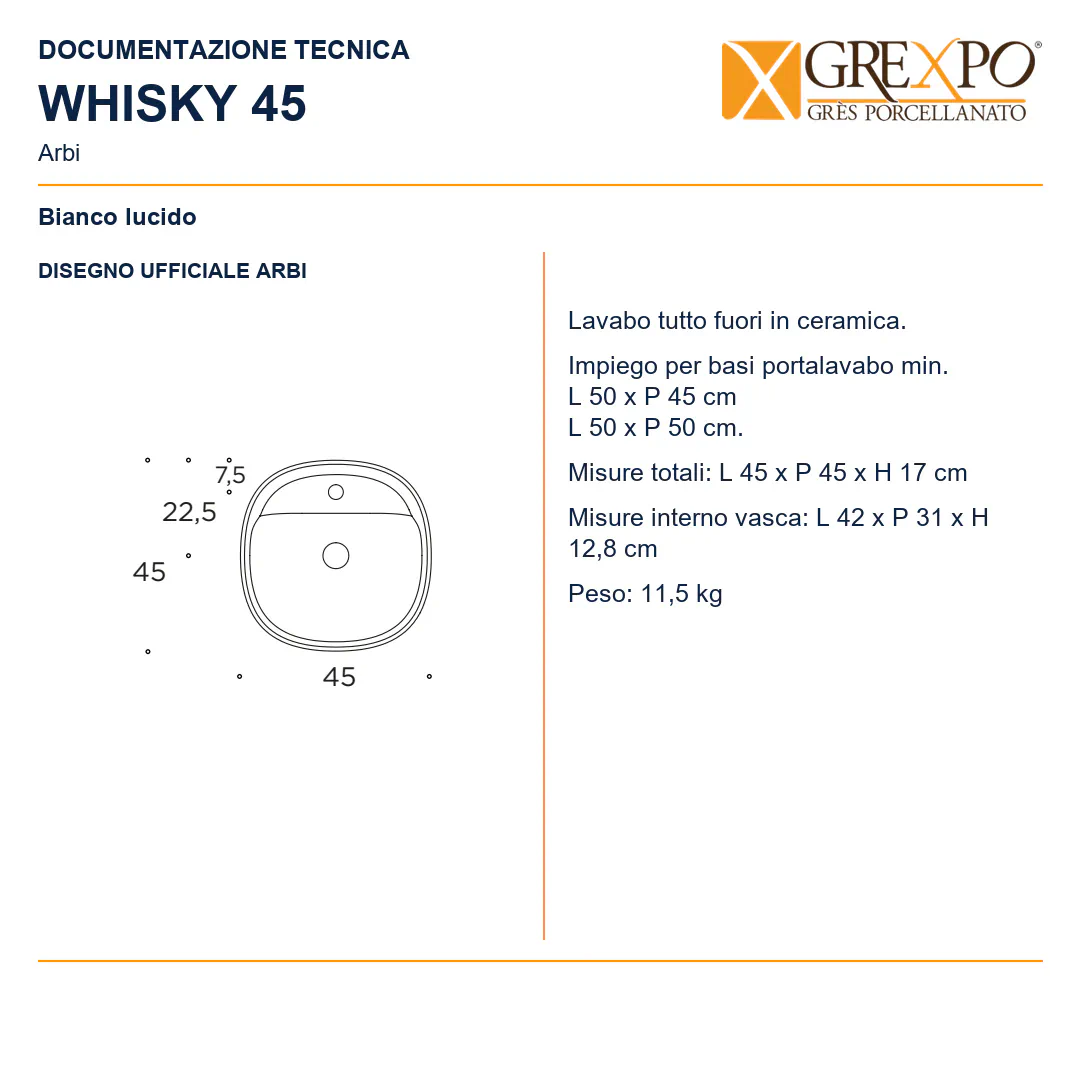 Lavabo da appoggio in Ceramica – Arbi Whisky 45 – Bianco lucido - Disegno tecnico ARBI