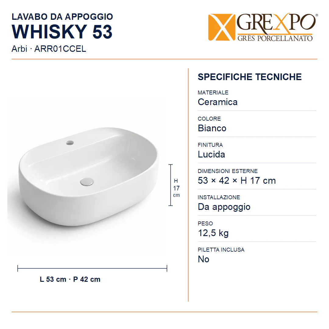 Lavabo da appoggio in Ceramica – Arbi Whisky 53 – Bianco lucido - Misure