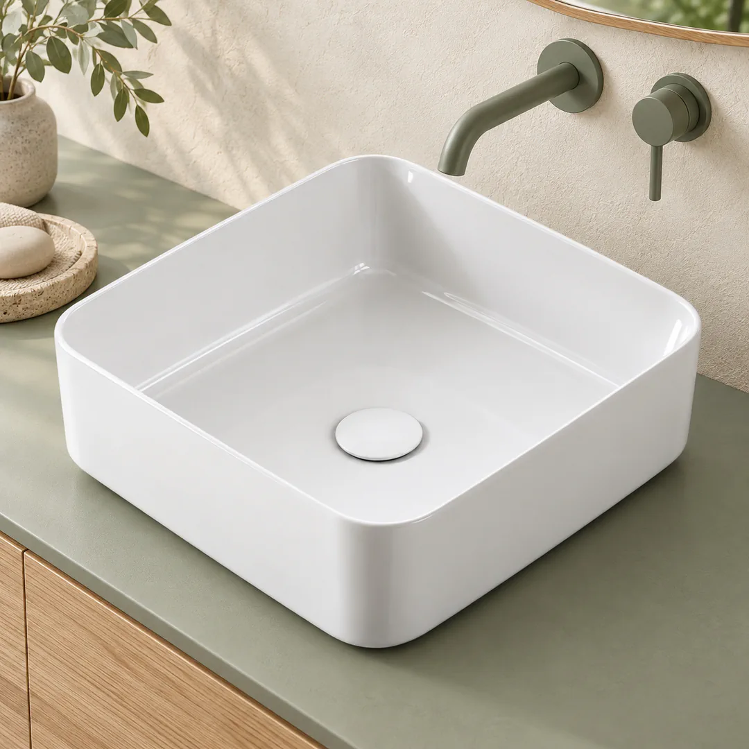 Lavabo da appoggio in Ceramica – Arbi Boxy 38 – Bianco lucido - Ambientata