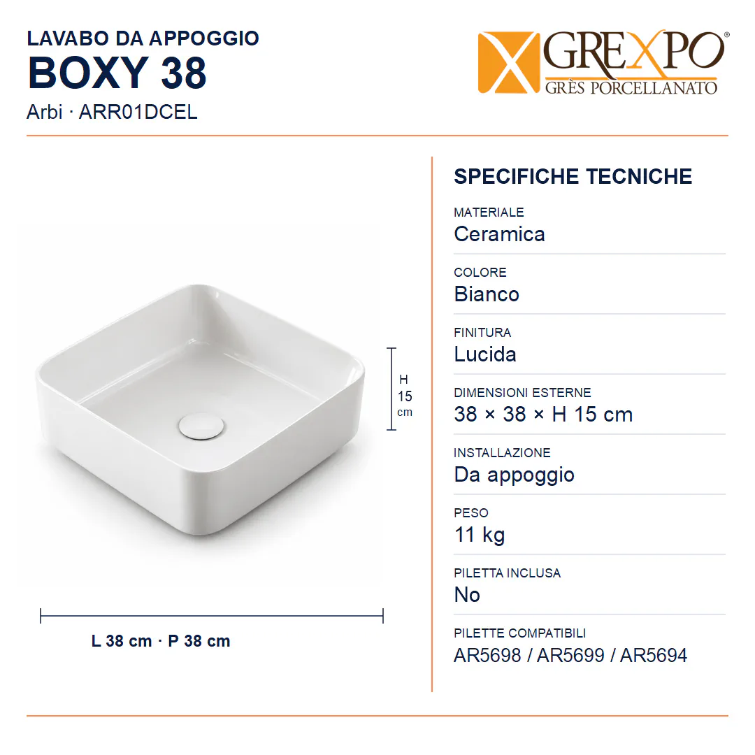 Lavabo da appoggio in Ceramica – Arbi Boxy 38 – Bianco lucido - Misure