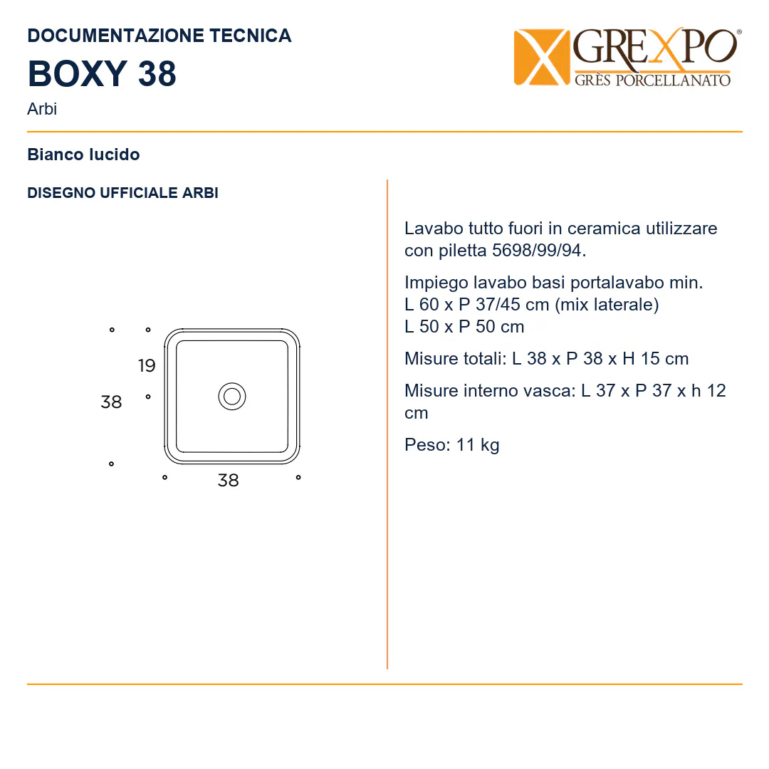 Lavabo da appoggio in Ceramica – Arbi Boxy 38 – Bianco lucido - Disegno tecnico ARBI