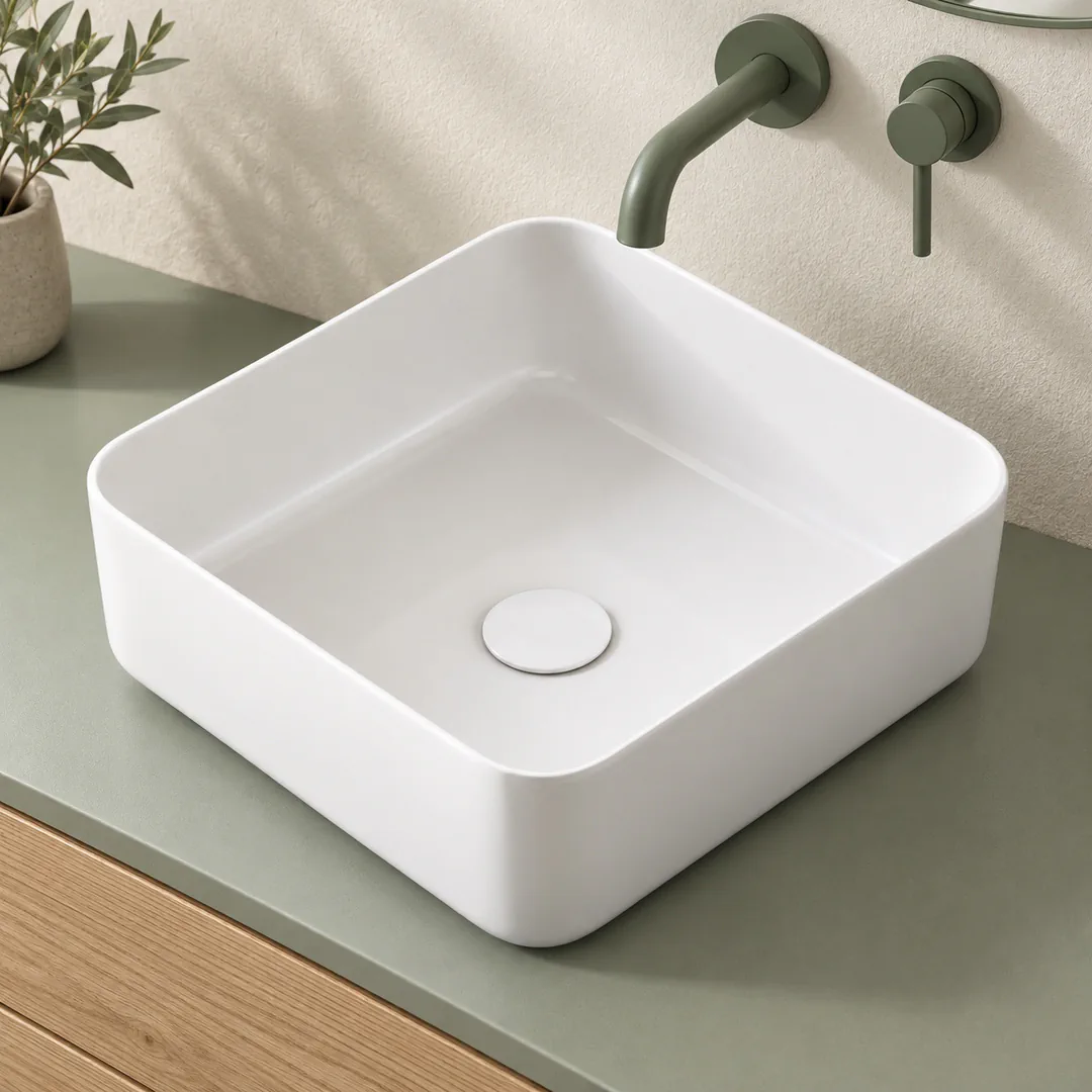 Lavabo da appoggio in Ceramica – Arbi Boxy 38 – Bianco opaco - Ambientata