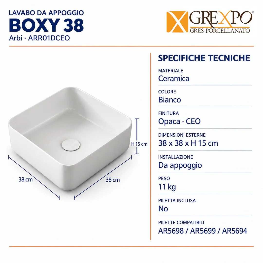 Lavabo da appoggio in Ceramica – Arbi Boxy 38 – Bianco opaco - Misure