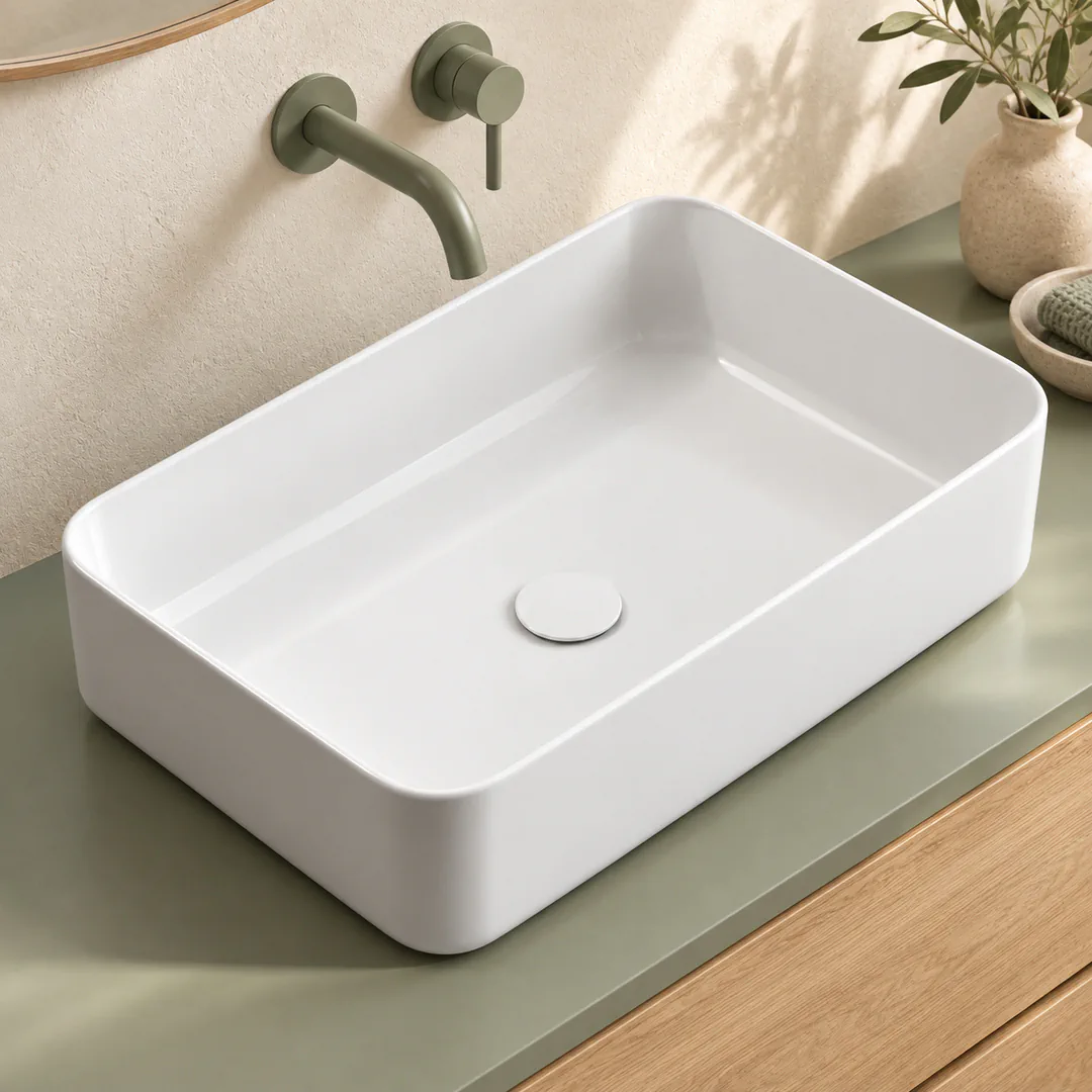 Lavabo da appoggio in Ceramica – Arbi Boxy 55 – Bianco lucido - Ambientata