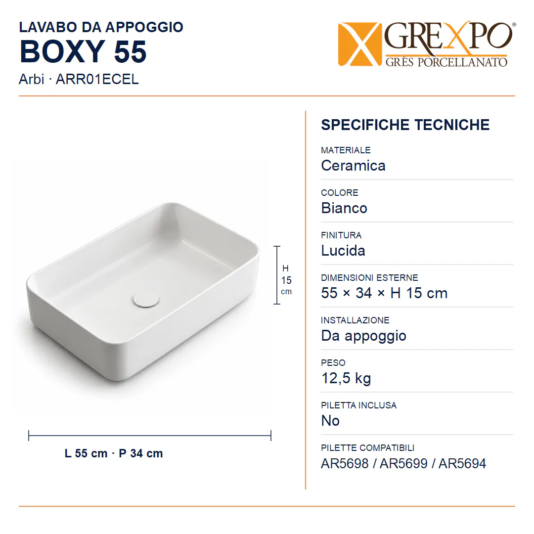 Lavabo da appoggio in Ceramica – Arbi Boxy 55 – Bianco lucido - Misure