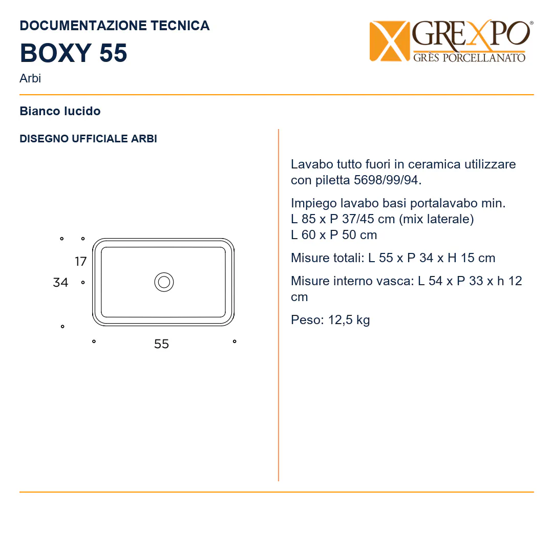 Lavabo da appoggio in Ceramica – Arbi Boxy 55 – Bianco lucido - Disegno tecnico ARBI