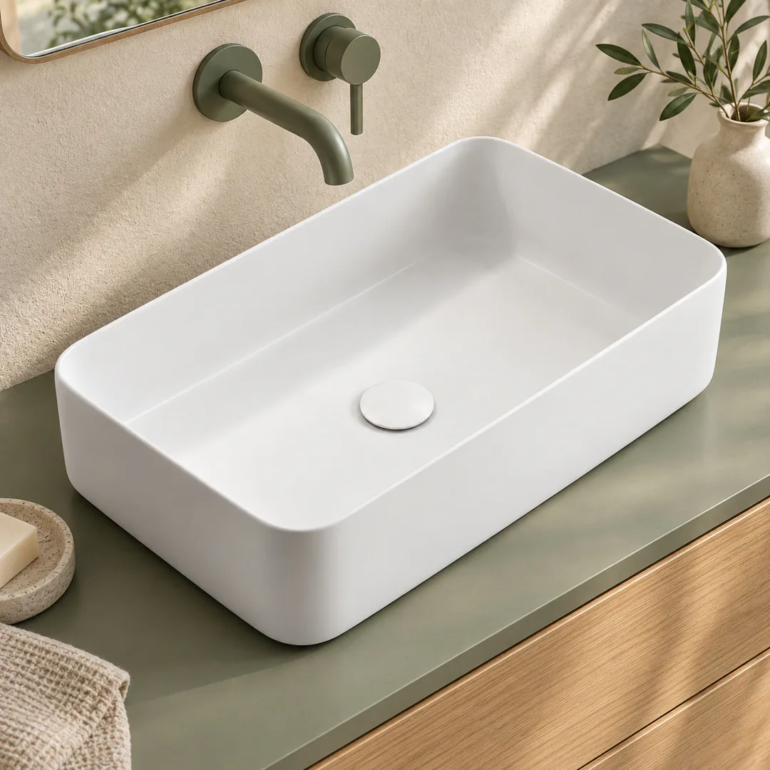 Lavabo da appoggio in Ceramica – Arbi Boxy 55 – Bianco opaco - Ambientata