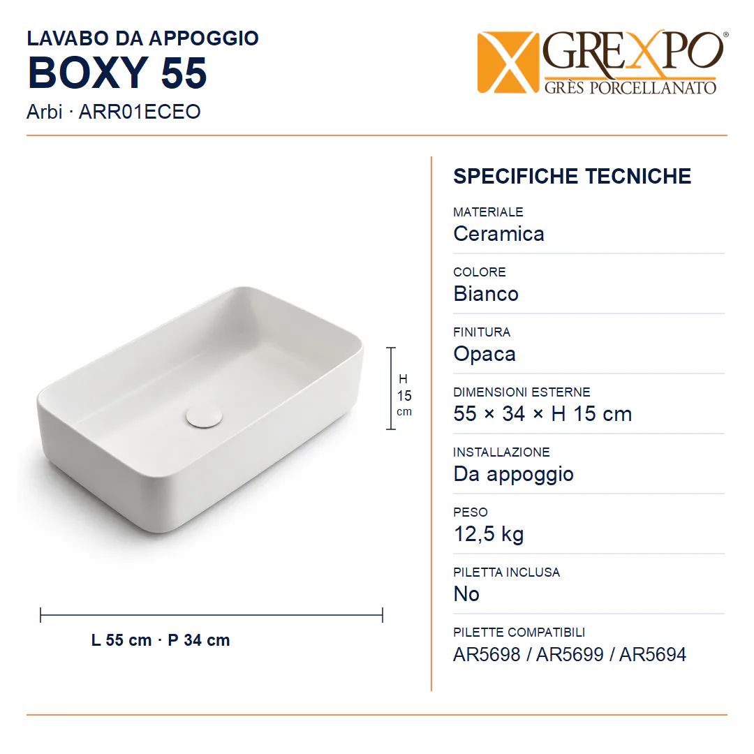 Lavabo da appoggio in Ceramica – Arbi Boxy 55 – Bianco opaco - Misure