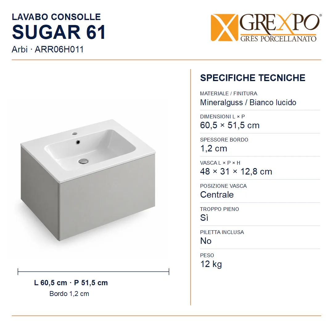 Lavabo consolle in Mineralguss – Arbi Sugar 61 – Bianco lucido - Misure