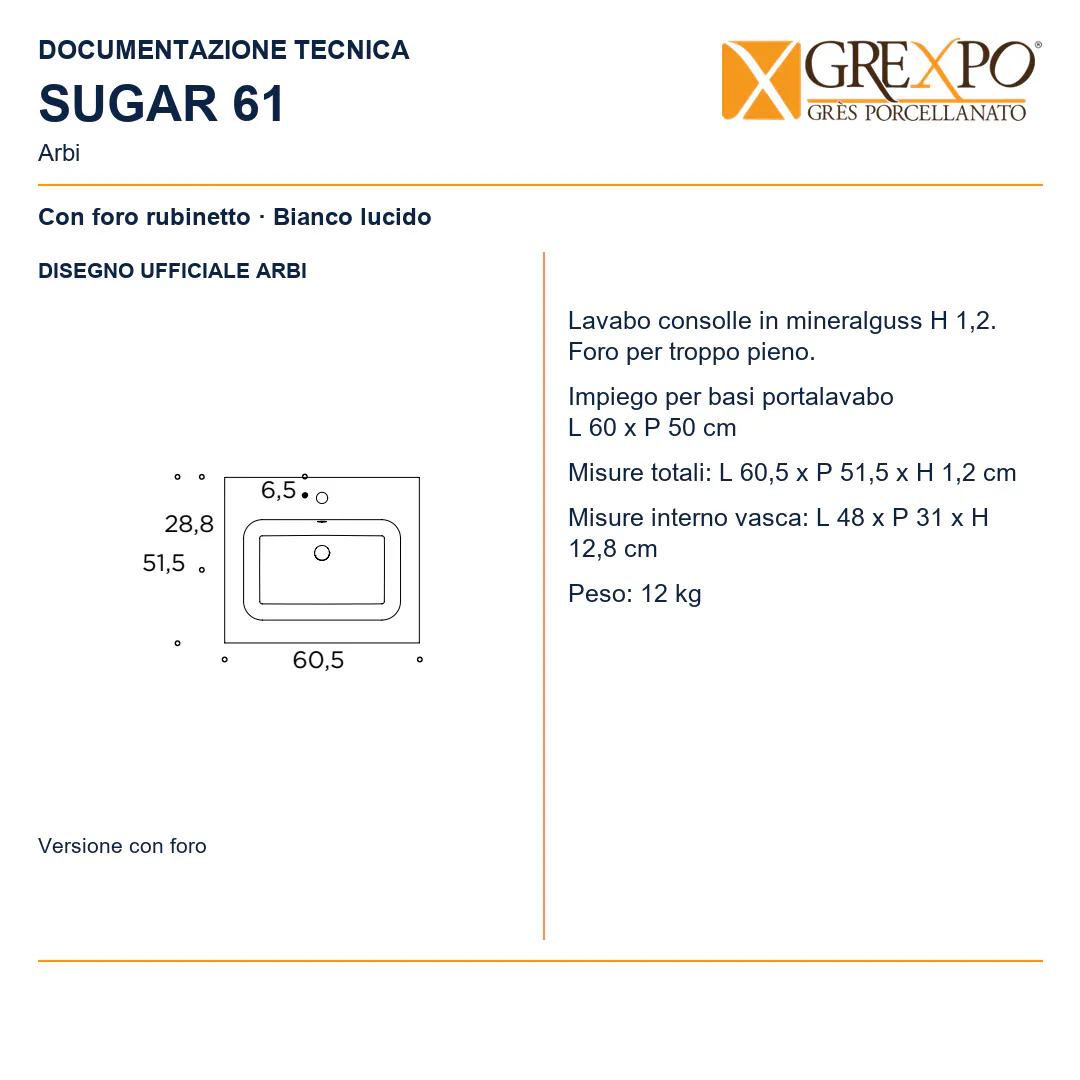 Lavabo consolle in Mineralguss – Arbi Sugar 61 – Bianco lucido - Disegno tecnico ARBI