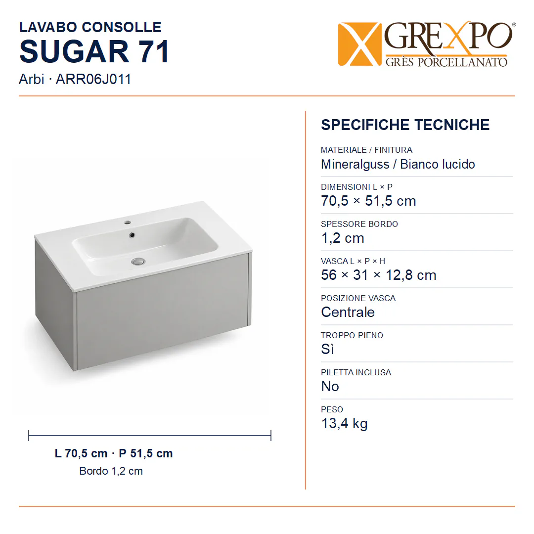 Lavabo consolle in Mineralguss – Arbi Sugar 71 – Bianco lucido - Misure